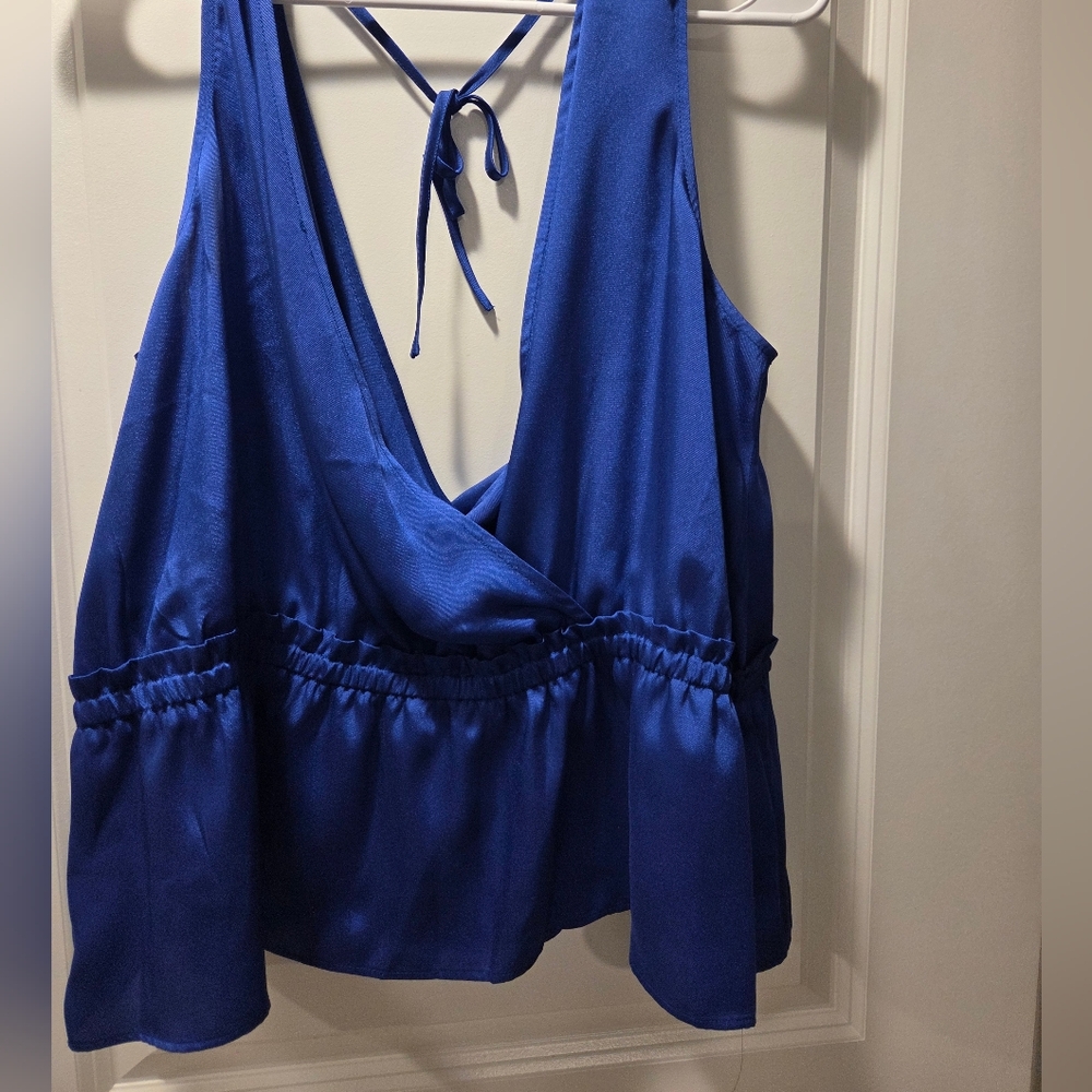 Express Deep V-Neck Satin Halter Tank Top - Royal Blue XL NWT